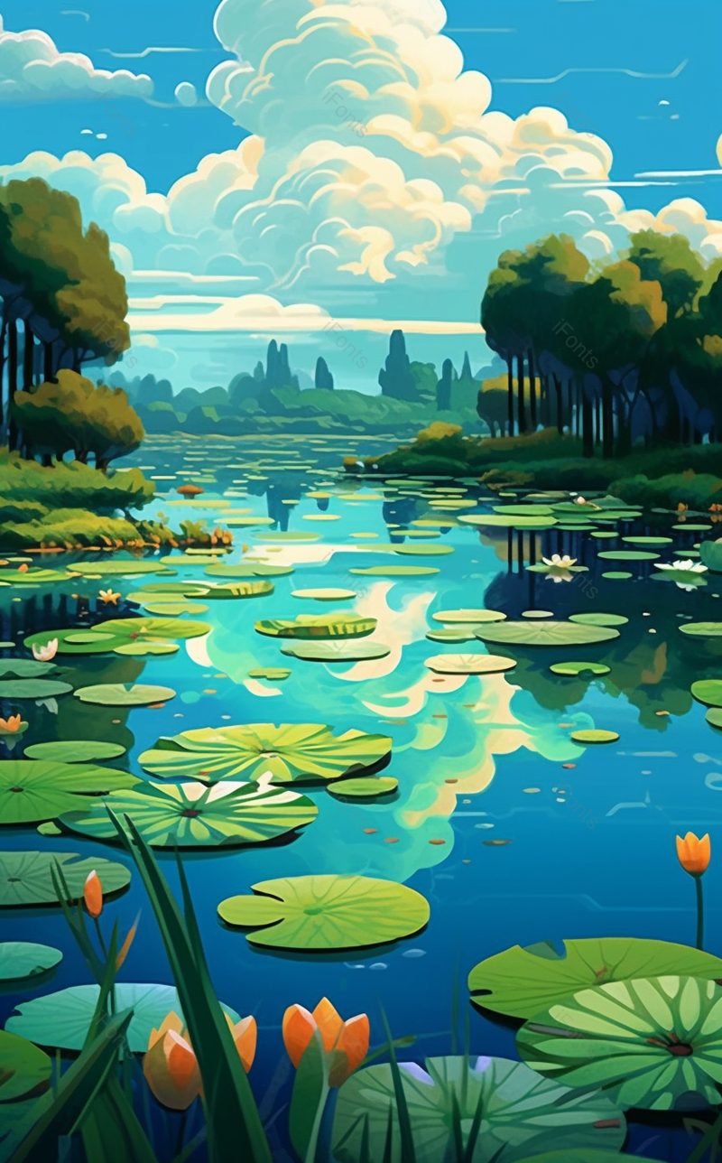 记忆中的夏天乡下的池塘荷花风景,插画/手绘图,插画/手绘图库,插画/手绘图下载,插画/手绘